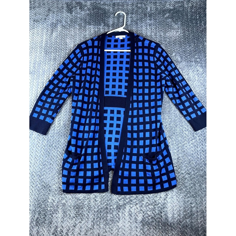 New York & Company Cardigan Sweater Womens Large Blue Black Checkered Open Front